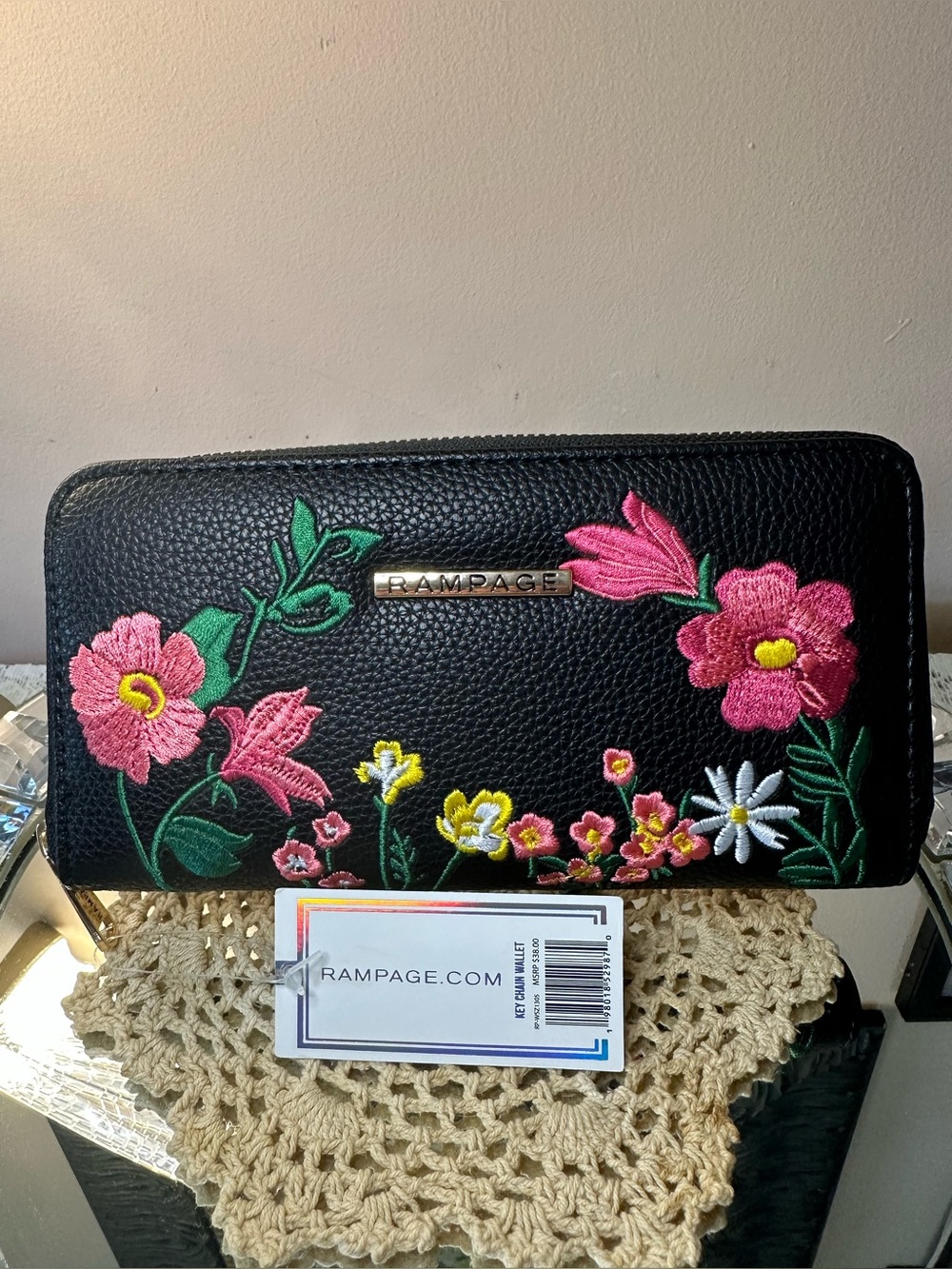 Rampage Black Floral Embroidered Zip-Around Long Wallet
